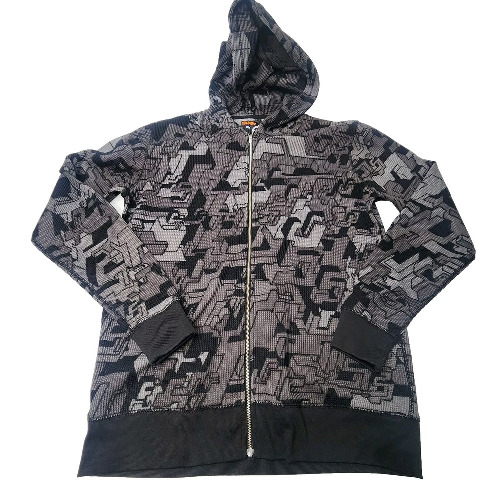 STUSSY Geometric Black Gray Full Zip Hoodie Sweat Jacket L Thick Soft Waffle